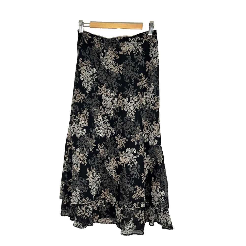 Neutral Floral Maxi Skirt S Earthy‎ Granola Cottage Boho Indie Folk Peasant 80s